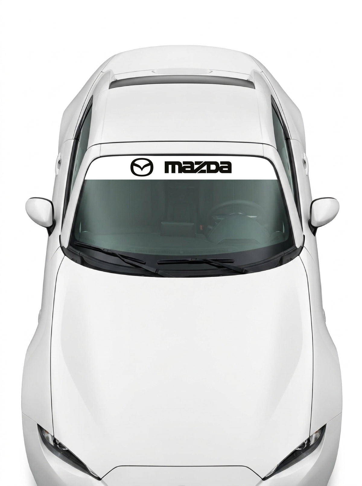Coche con el parasol de vinilo Mazda blanco con el emblema oval y el lettering MAZDA en negro instalado en el parabrisas