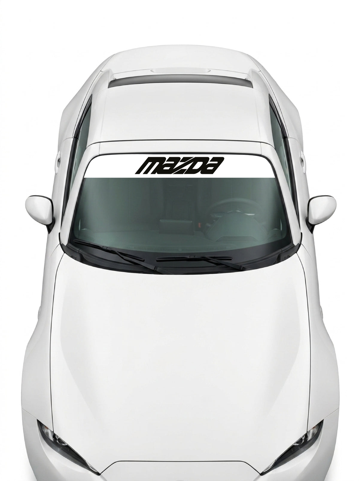 Coche con el parasol de vinilo Mazda blanco con el lettering MAZDA inclinado en negro instalado en el parabrisas
