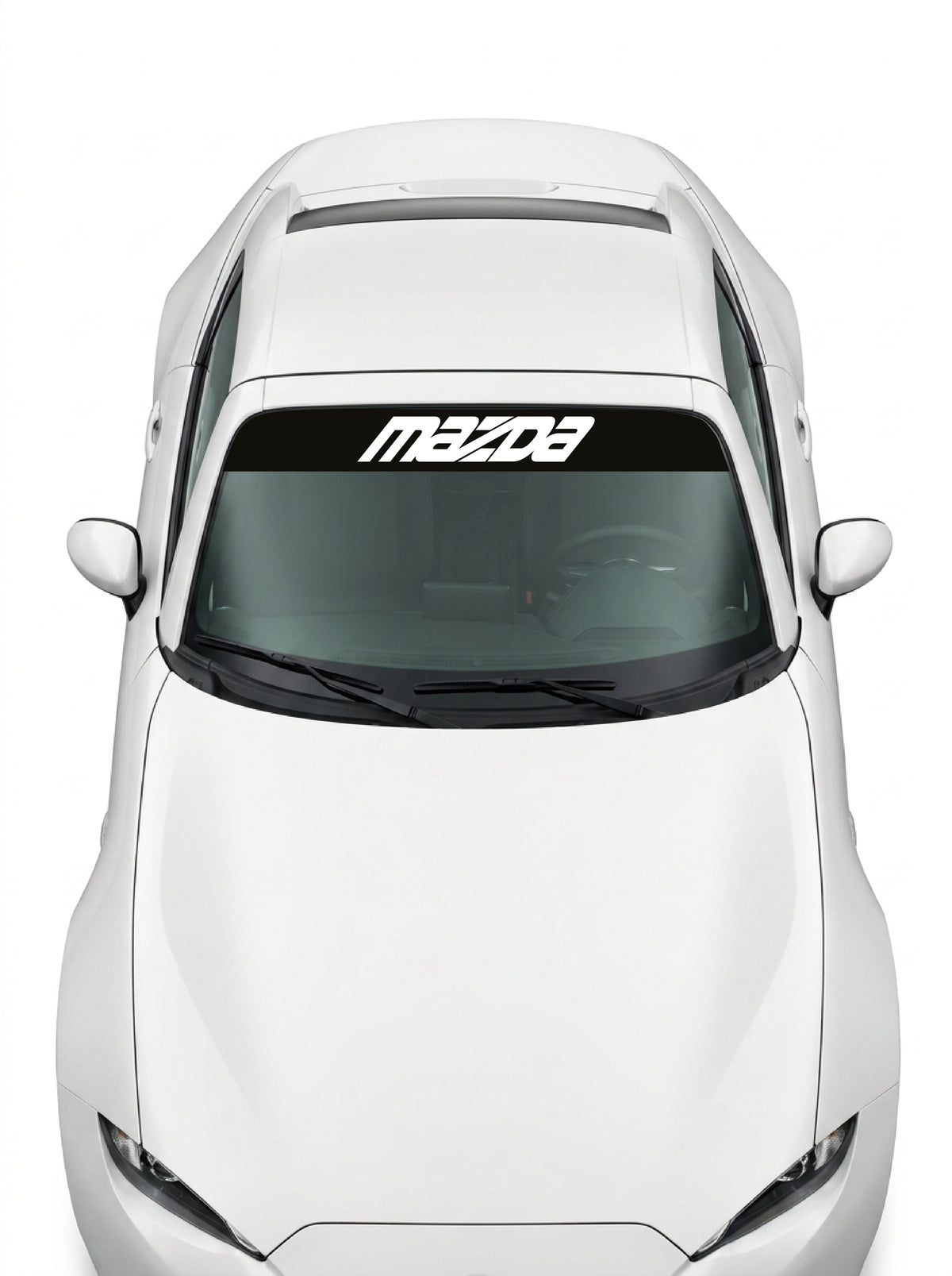 Coche con el parasol de vinilo Mazda negro con el lettering MAZDA inclinado en blanco instalado en el parabrisas