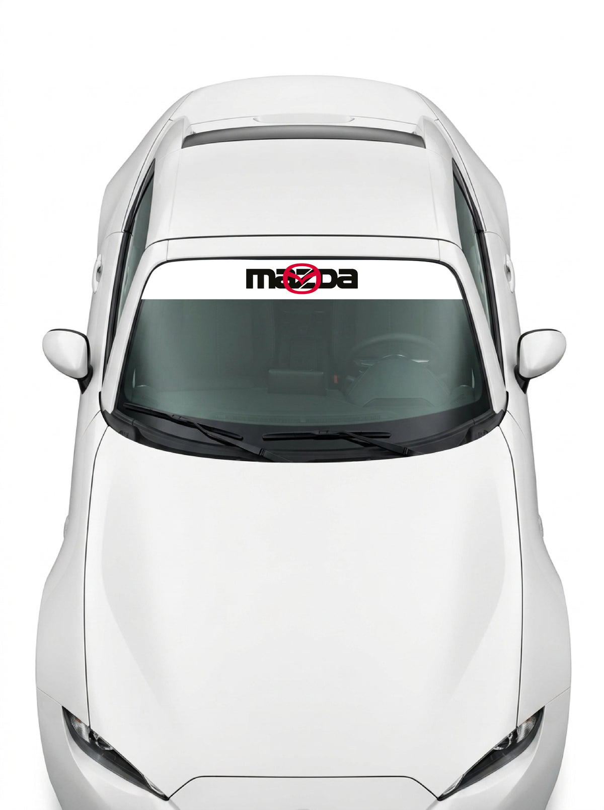 Coche con el parasol de vinilo Mazda blanco con el lettering MAZDA y el emblema tachado en rojo instalado en el parabrisas