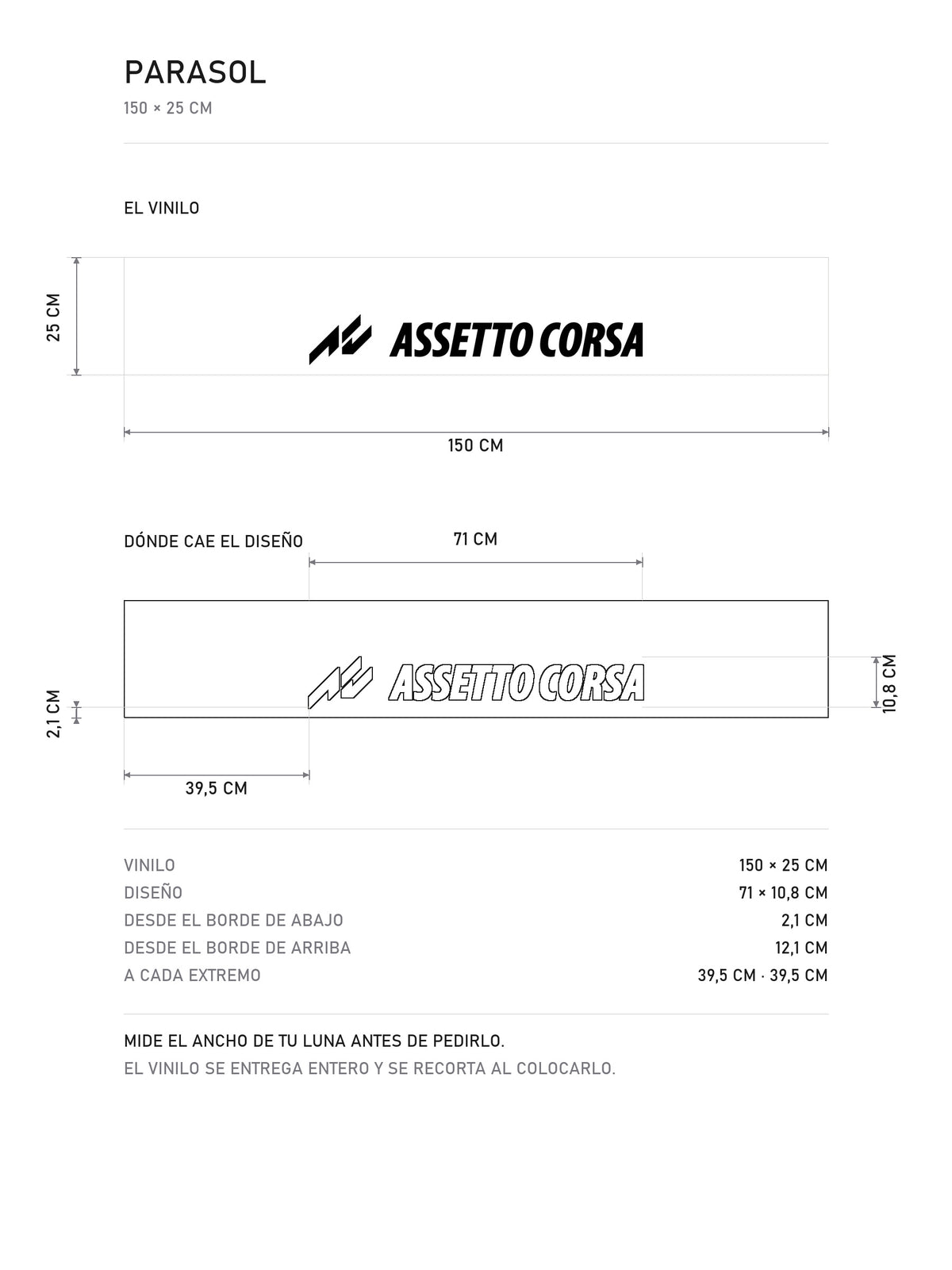 Lamina de medidas del parasol Assetto Corsa · Sim Racing Kunos: el vinilo de 150 x 25 cm, donde cae el diseño dentro de la tira y la tabla de medidas, de MOA-Grafics.