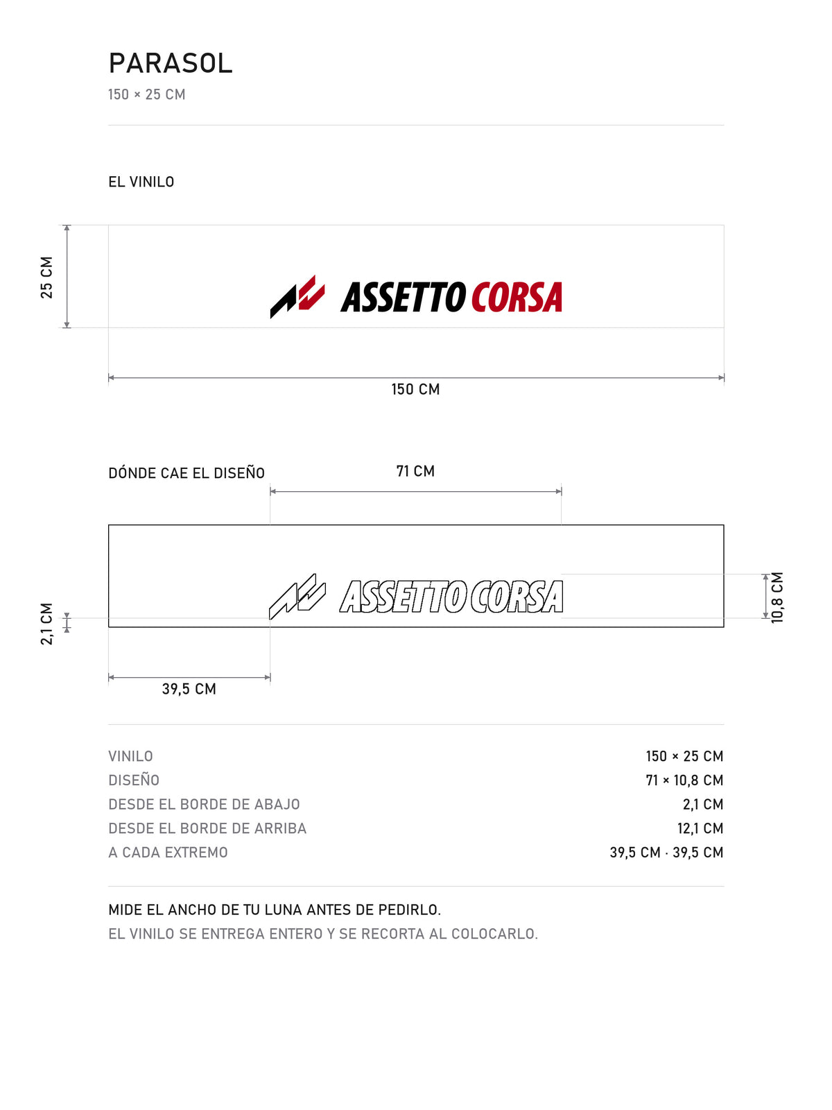 Lamina de medidas del parasol Assetto Corsa · Sim Racing Kunos: el vinilo de 150 x 25 cm, donde cae el diseño dentro de la tira y la tabla de medidas, de MOA-Grafics.