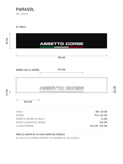 Lamina de medidas del parasol Assetto Corsa Italia · Tricolor Italiano: el vinilo de 150 x 25 cm, donde cae el diseño dentro de la tira y la tabla de medidas, de MOA-Grafics.