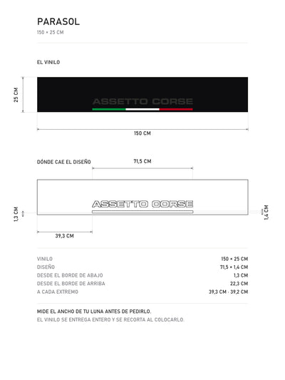 Lamina de medidas del parasol Assetto Corsa Italia · Tricolor Italiano: el vinilo de 150 x 25 cm, donde cae el diseño dentro de la tira y la tabla de medidas, de MOA-Grafics.