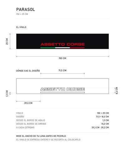 Lamina de medidas del parasol Assetto Corsa Italia · Tricolor Italiano: el vinilo de 150 x 25 cm, donde cae el diseño dentro de la tira y la tabla de medidas, de MOA-Grafics.