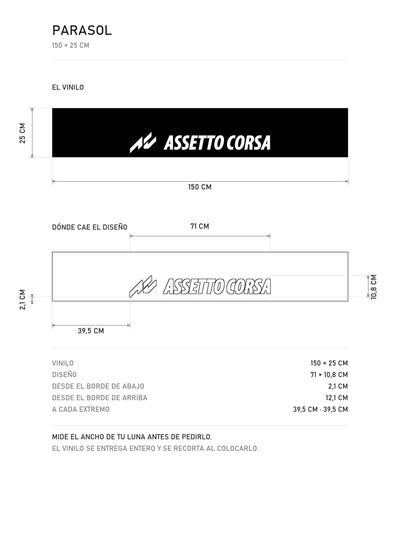 Lamina de medidas del parasol Assetto Corsa · Sim Racing Kunos: el vinilo de 150 x 25 cm, donde cae el diseño dentro de la tira y la tabla de medidas, de MOA-Grafics.