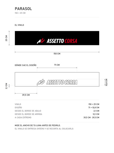 Lamina de medidas del parasol Assetto Corsa · Sim Racing Kunos: el vinilo de 150 x 25 cm, donde cae el diseño dentro de la tira y la tabla de medidas, de MOA-Grafics.