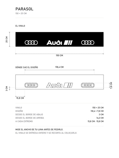 Lamina de medidas del parasol Audi Sport negro con los cuatro anillos y el rotulo Audi en blanco: el vinilo de 150 x 25 cm, donde cae el diseño dentro de la tira y la tabla de medidas, de MOA-Grafics.