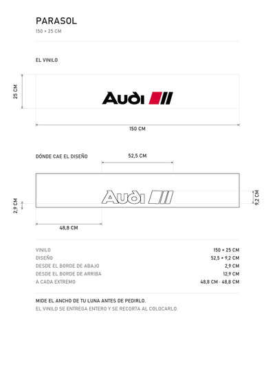 Lamina de medidas del parasol Audi Sport blanco con el rotulo Audi en negro y las tres barras rojas: el vinilo de 150 x 25 cm, donde cae el diseño dentro de la tira y la tabla de medidas, de MOA-Grafics.