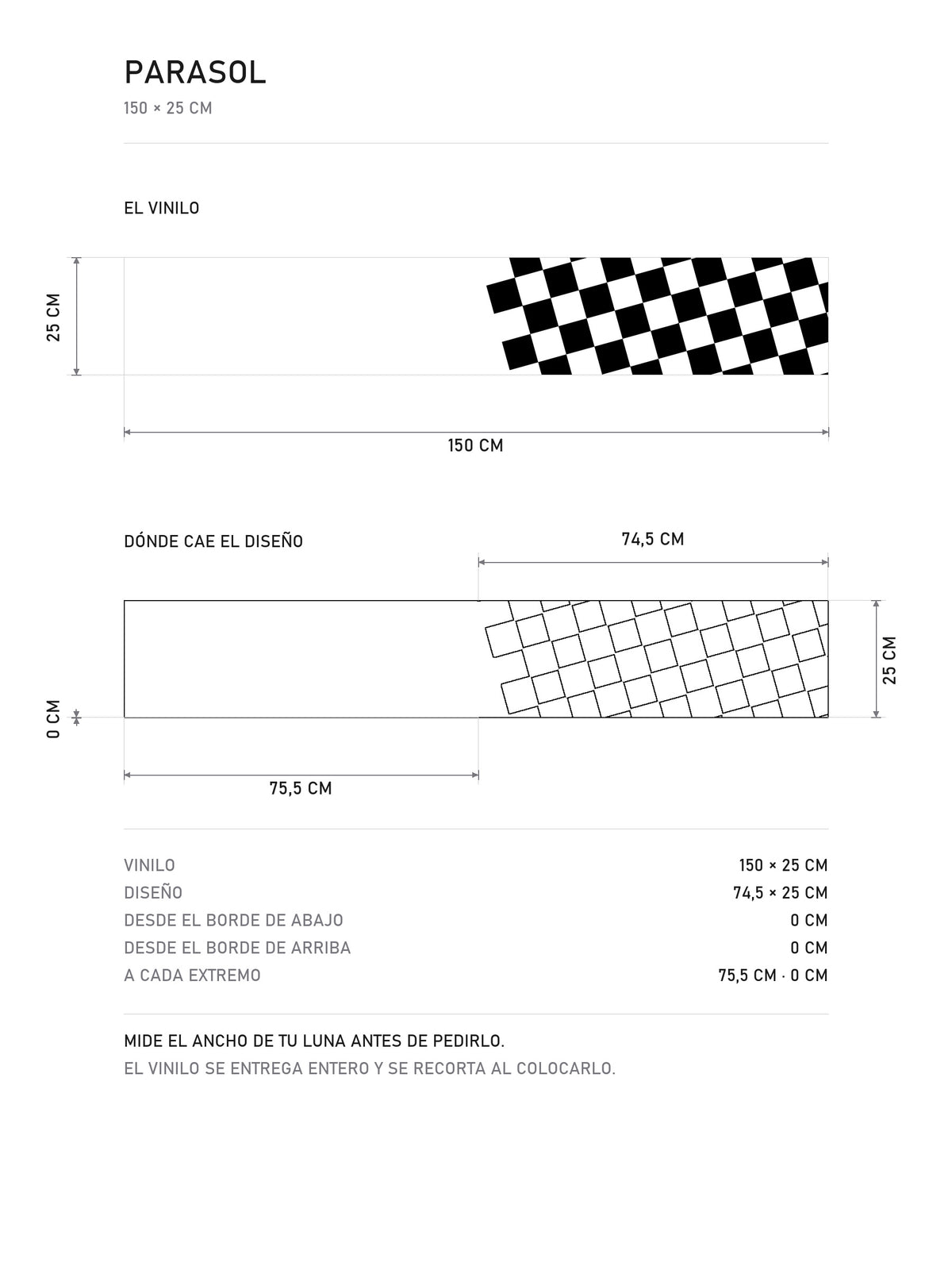 Lamina de medidas del parasol Bandera a Cuadros · Remate Lateral: el vinilo de 150 x 25 cm, donde cae el diseño dentro de la tira y la tabla de medidas, de MOA-Grafics.