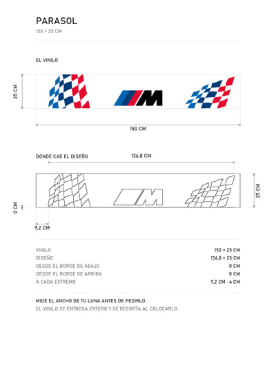 Lamina de medidas del parasol BMW M blanco con bandera a cuadros a los lados y el logo M en el centro: el vinilo de 150 x 25 cm, donde cae el diseño dentro de la tira y la tabla de medidas, de MOA-Grafics.