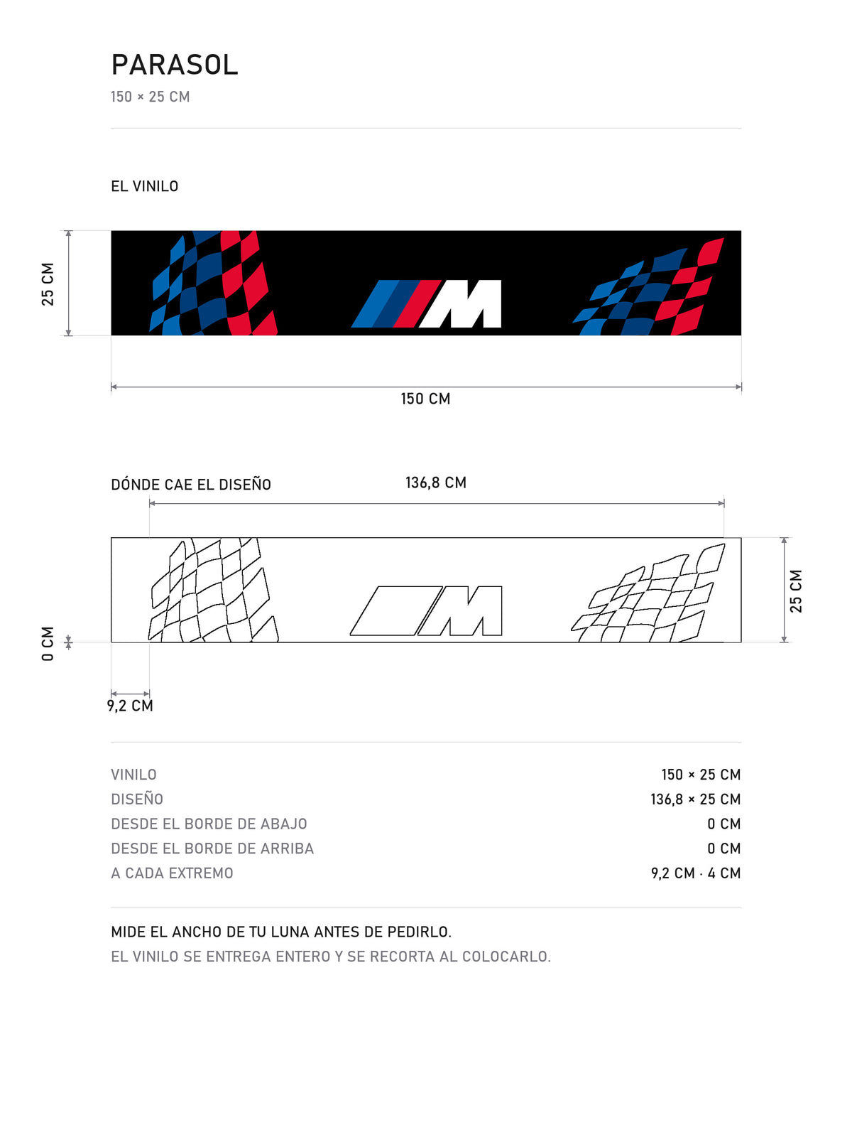 Lamina de medidas del parasol BMW M negro con bandera a cuadros a los lados y el logo M en el centro: el vinilo de 150 x 25 cm, donde cae el diseño dentro de la tira y la tabla de medidas, de MOA-Grafics.