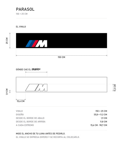 Lamina de medidas del parasol BMW M negro con el logo M a la izquierda: el vinilo de 150 x 25 cm, donde cae el diseño dentro de la tira y la tabla de medidas, de MOA-Grafics.