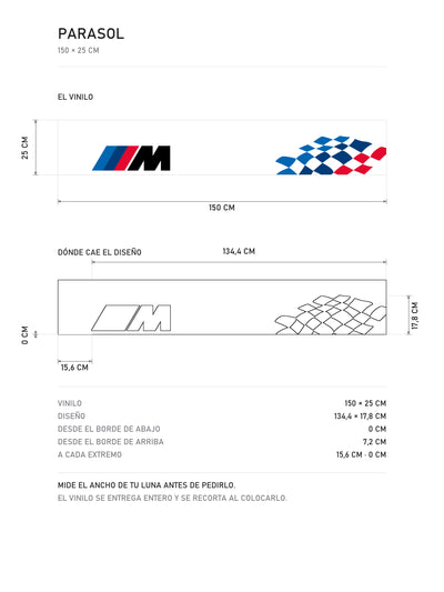 Lamina de medidas del parasol BMW M Motorsport blanco con el logo M a la izquierda y bandera a cuadros azul a la derecha: el vinilo de 150 x 25 cm, donde cae el diseño dentro de la tira y la tabla de medidas, de MOA-Grafics.