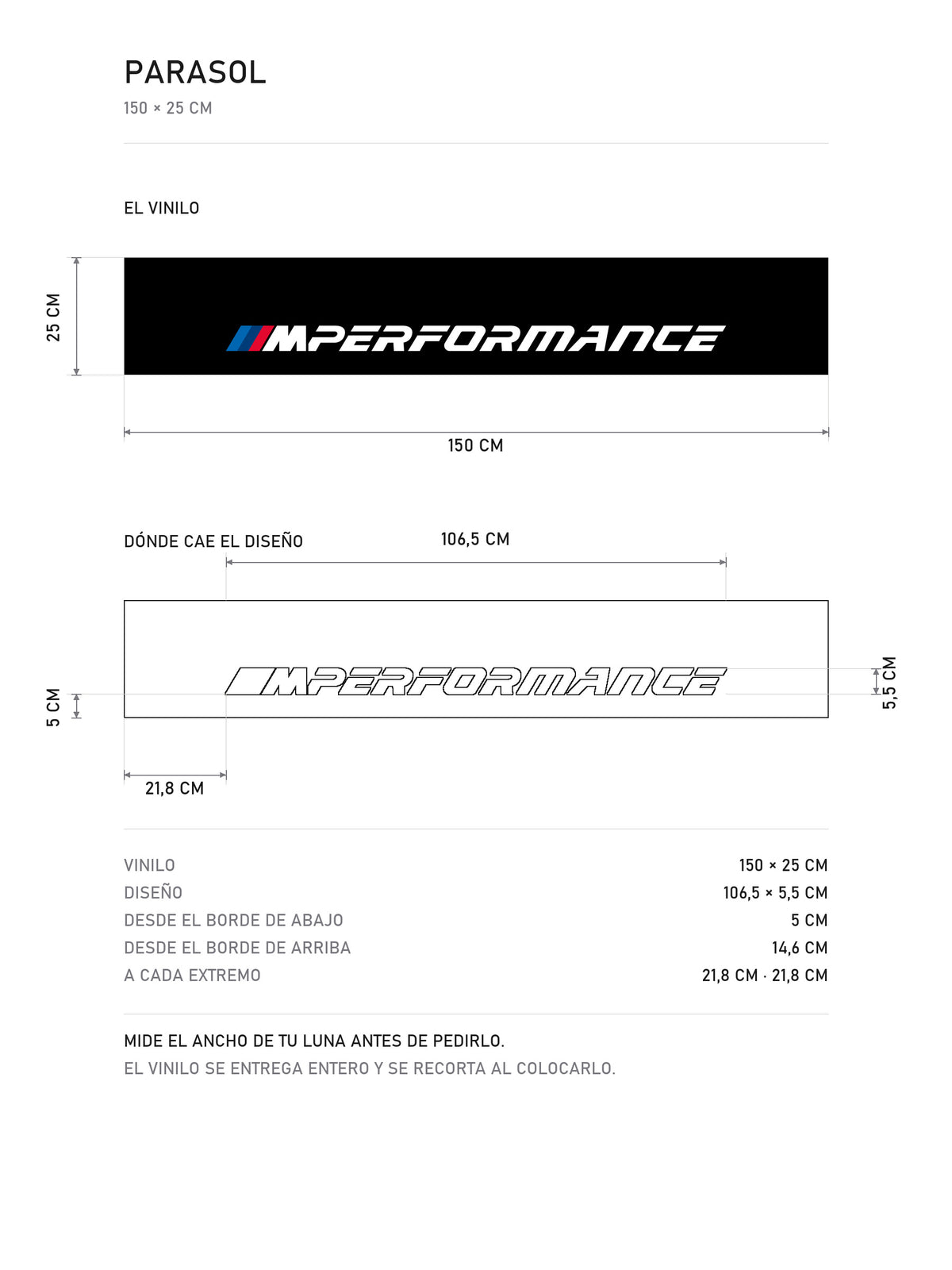 Lamina de medidas del parasol BMW M Performance negro con el lettering MPerformance en blanco: el vinilo de 150 x 25 cm, donde cae el diseño dentro de la tira y la tabla de medidas, de MOA-Grafics.