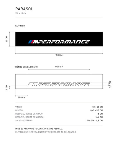 Lamina de medidas del parasol BMW M Performance negro con el lettering MPerformance en blanco: el vinilo de 150 x 25 cm, donde cae el diseño dentro de la tira y la tabla de medidas, de MOA-Grafics.