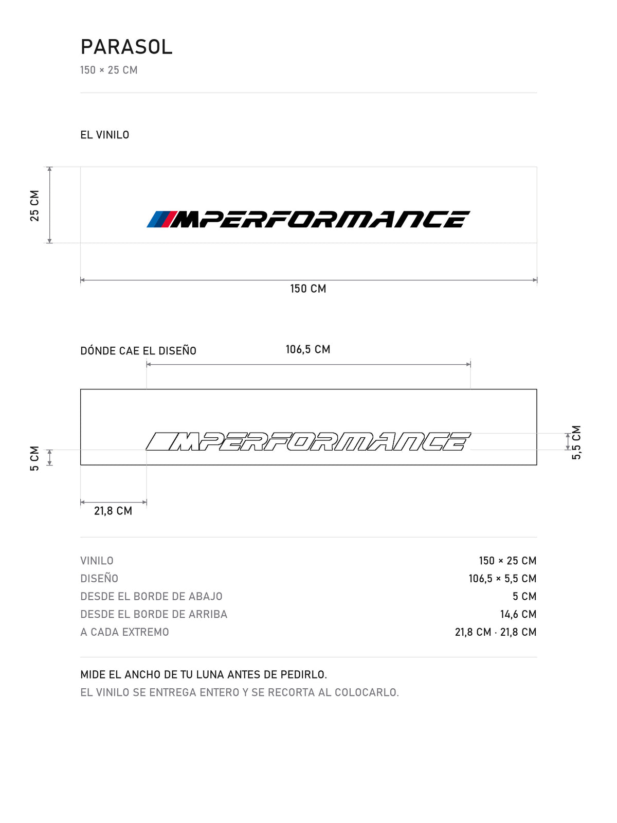Lamina de medidas del parasol BMW M Performance blanco con el lettering MPerformance en negro: el vinilo de 150 x 25 cm, donde cae el diseño dentro de la tira y la tabla de medidas, de MOA-Grafics.