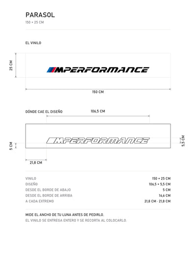 Lamina de medidas del parasol BMW M Performance blanco con el lettering MPerformance en negro: el vinilo de 150 x 25 cm, donde cae el diseño dentro de la tira y la tabla de medidas, de MOA-Grafics.