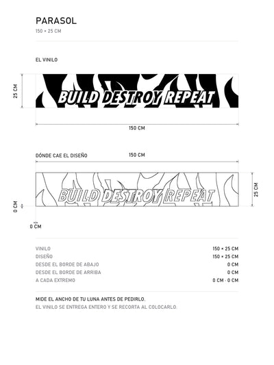 Lamina de medidas del parasol Build Destroy Repeat · Ciclo de Taller: el vinilo de 150 x 25 cm, donde cae el diseño dentro de la tira y la tabla de medidas, de MOA-Grafics.