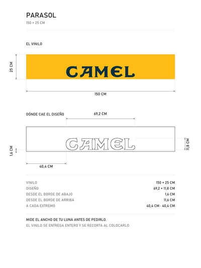 Lamina de medidas del parasol Camel · Edición Minimalista: el vinilo de 150 x 25 cm, donde cae el diseño dentro de la tira y la tabla de medidas, de MOA-Grafics.