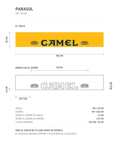 Lamina de medidas del parasol Camel · Edición Rally: el vinilo de 150 x 25 cm, donde cae el diseño dentro de la tira y la tabla de medidas, de MOA-Grafics.