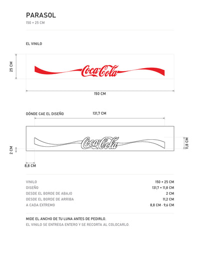 Lamina de medidas del parasol Coca-Cola · Lettering Spencerian: el vinilo de 150 x 25 cm, donde cae el diseño dentro de la tira y la tabla de medidas, de MOA-Grafics.