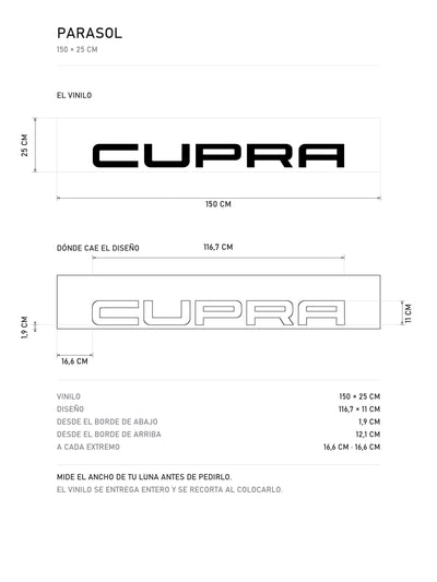 Lamina de medidas del parasol Cupra · Sello Minimalista: el vinilo de 150 x 25 cm, donde cae el diseño dentro de la tira y la tabla de medidas, de MOA-Grafics.