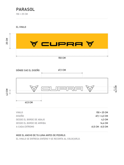 Lamina de medidas del parasol Cupra · Gama VZ Performance: el vinilo de 150 x 25 cm, donde cae el diseño dentro de la tira y la tabla de medidas, de MOA-Grafics.