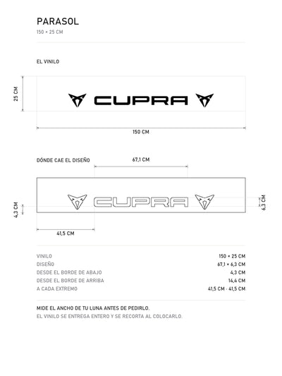 Lamina de medidas del parasol Cupra · Gama VZ Performance: el vinilo de 150 x 25 cm, donde cae el diseño dentro de la tira y la tabla de medidas, de MOA-Grafics.