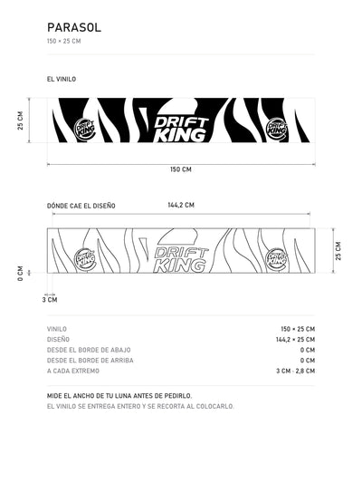 Lamina de medidas del parasol Driftking · Touge Heritage: el vinilo de 150 x 25 cm, donde cae el diseño dentro de la tira y la tabla de medidas, de MOA-Grafics.