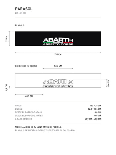 Lamina de medidas del parasol Abarth Assetto Corse blanco: el vinilo de 150 x 25 cm con el lettering y la bandera de Italia, donde cae el diseño dentro de la tira y la tabla de medidas, de MOA-Grafics.