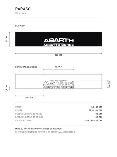 Lamina de medidas del parasol Abarth Assetto Corse transparente: el vinilo de 150 x 25 cm con el lettering y la bandera de Italia, donde cae el diseño dentro de la tira y la tabla de medidas, de MOA-Grafics.