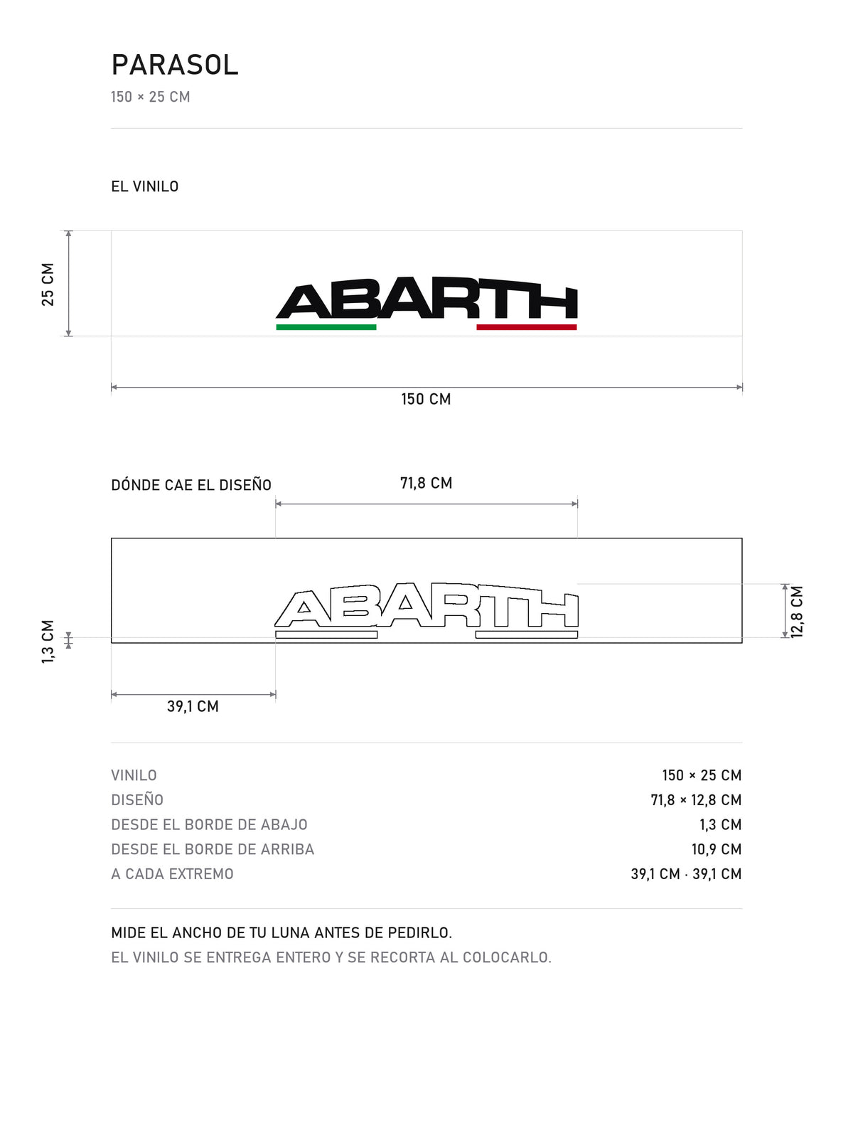 Lamina de medidas del parasol Abarth blanco con el lettering en negro y la bandera de Italia: el vinilo de 150 x 25 cm, donde cae el diseño dentro de la tira y la tabla de medidas, de MOA-Grafics.