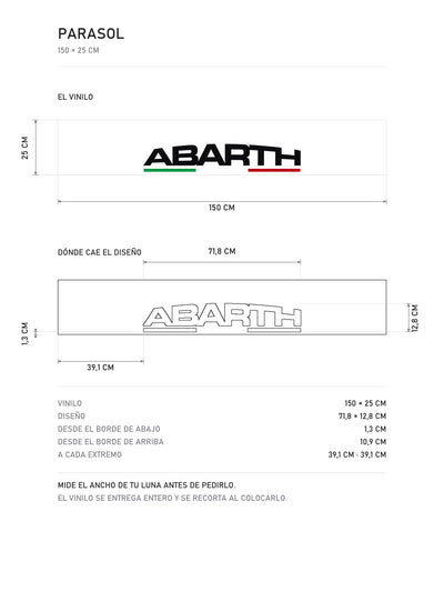 Lamina de medidas del parasol Abarth blanco con el lettering en negro y la bandera de Italia: el vinilo de 150 x 25 cm, donde cae el diseño dentro de la tira y la tabla de medidas, de MOA-Grafics.