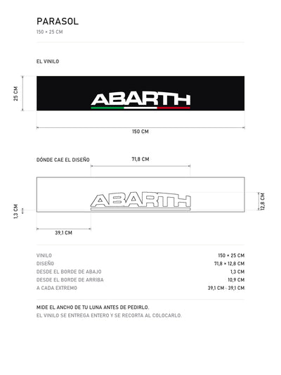 Lamina de medidas del parasol Abarth transparente con el lettering y la bandera de Italia: el vinilo de 150 x 25 cm, donde cae el diseño dentro de la tira y la tabla de medidas, de MOA-Grafics.