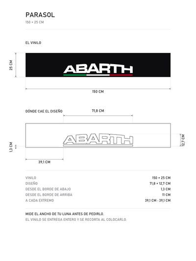Lamina de medidas del parasol Abarth negro con el lettering en blanco y la bandera de Italia: el vinilo de 150 x 25 cm, donde cae el diseño dentro de la tira y la tabla de medidas, de MOA-Grafics.