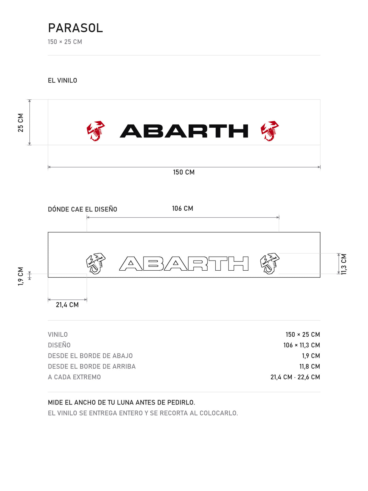 Lamina de medidas del parasol Abarth blanco con el lettering en negro y un escorpion rojo a cada lado: el vinilo de 150 x 25 cm, donde cae el diseño dentro de la tira y la tabla de medidas, de MOA-Grafics.