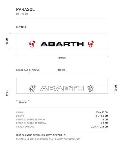 Lamina de medidas del parasol Abarth blanco con el lettering en negro y un escorpion rojo a cada lado: el vinilo de 150 x 25 cm, donde cae el diseño dentro de la tira y la tabla de medidas, de MOA-Grafics.