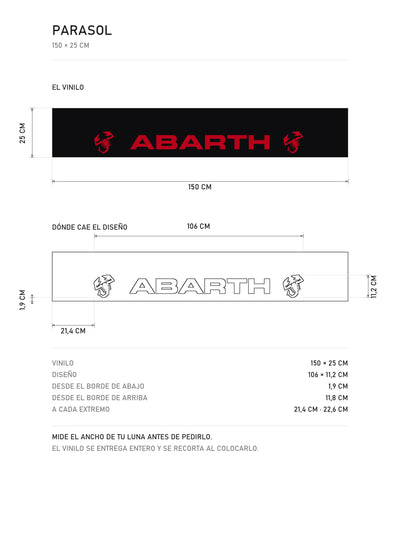 Lamina de medidas del parasol Abarth negro con el lettering y los escorpiones en rojo: el vinilo de 150 x 25 cm, donde cae el diseño dentro de la tira y la tabla de medidas, de MOA-Grafics.