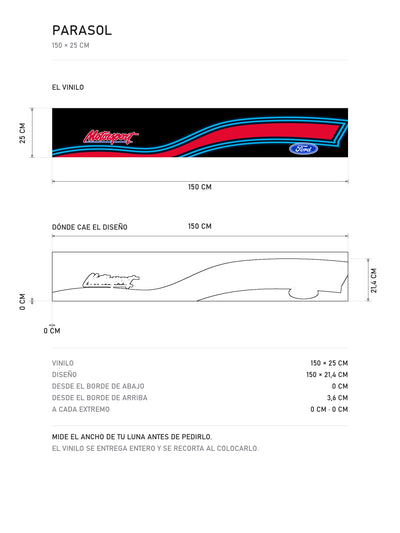 Lamina de medidas del parasol Ford Motorsport negro con las franjas Martini Racing y el ovalo Ford: el vinilo de 150 x 25 cm, donde cae el diseño dentro de la tira y la tabla de medidas, de MOA-Grafics.