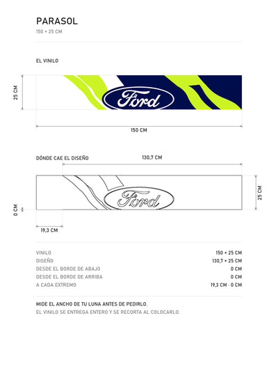 Lamina de medidas del parasol Ford Rally con livery azul y verde lima y el ovalo Ford: el vinilo de 150 x 25 cm, donde cae el diseño dentro de la tira y la tabla de medidas, de MOA-Grafics.