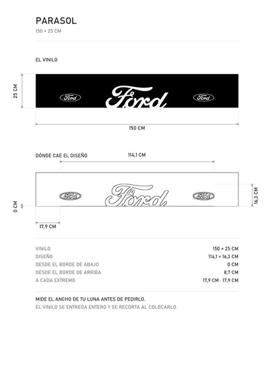 Lamina de medidas del parasol Ford negro con el lettering Ford en blanco y un ovalo a cada lado: el vinilo de 150 x 25 cm, donde cae el diseño dentro de la tira y la tabla de medidas, de MOA-Grafics.