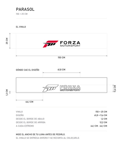 Lamina de medidas del parasol Forza Motorsport · Sim Racing Pista: el vinilo de 150 x 25 cm, donde cae el diseño dentro de la tira y la tabla de medidas, de MOA-Grafics.