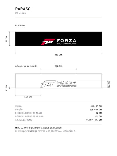 Lamina de medidas del parasol Forza Motorsport · Sim Racing Pista: el vinilo de 150 x 25 cm, donde cae el diseño dentro de la tira y la tabla de medidas, de MOA-Grafics.