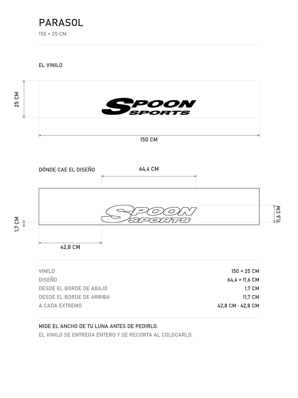 Lamina de medidas del parasol Honda blanco con el logotipo del preparador Spoon Sports en negro: el vinilo de 150 x 25 cm, donde cae el diseño dentro de la tira y la tabla de medidas, de MOA-Grafics.