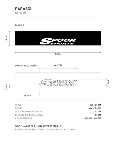 Lamina de medidas del parasol Honda negro con el logotipo del preparador Spoon Sports en blanco: el vinilo de 150 x 25 cm, donde cae el diseño dentro de la tira y la tabla de medidas, de MOA-Grafics.