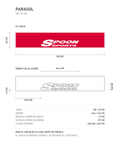 Lamina de medidas del parasol Honda rojo con el logotipo del preparador Spoon Sports en blanco: el vinilo de 150 x 25 cm, donde cae el diseño dentro de la tira y la tabla de medidas, de MOA-Grafics.