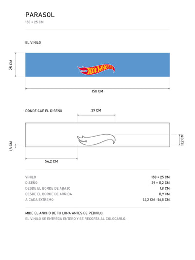 Lamina de medidas del parasol Hot Wheels azul celeste con el wordmark en rojo y amarillo: el vinilo de 150 x 25 cm, donde cae el diseno dentro de la tira y la tabla de medidas, de MOA-Grafics.