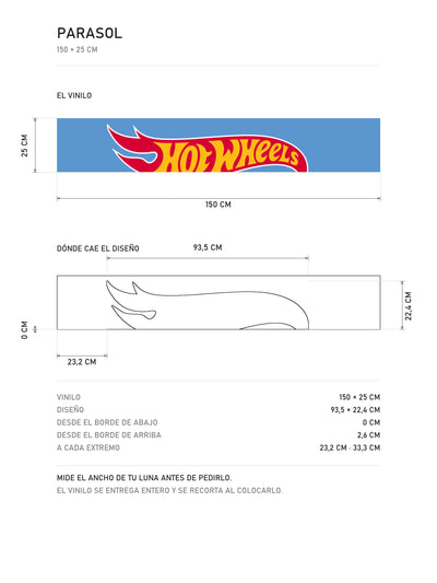 Lamina de medidas del parasol Hot Wheels · Treasure Hunt JDM: el vinilo de 150 x 25 cm, donde cae el diseño dentro de la tira y la tabla de medidas, de MOA-Grafics.