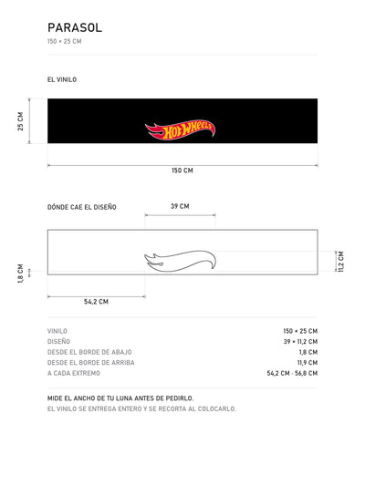 Lamina de medidas del parasol de vinilo Hot Wheels negro con el logotipo de la llama en rojo y amarillo: la tira de 150 x 25 cm acotada y la posicion exacta del diseno, de MOA-Grafics.